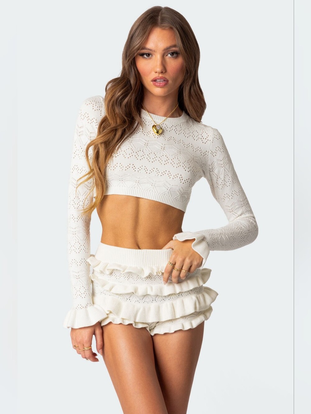 Edikted Delana Embroidered Knit Crop Top Womens XS S Sweater Cream Coquette Prep